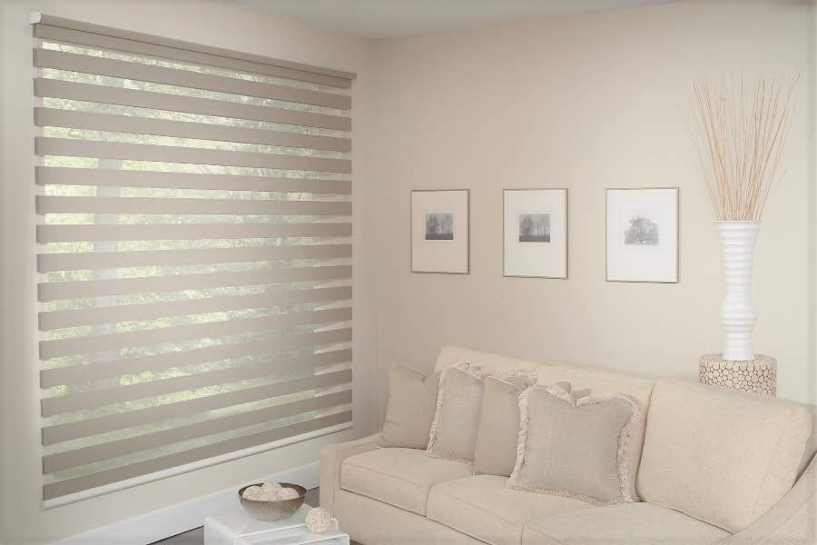 Zebra shade allows filtered light into a living room