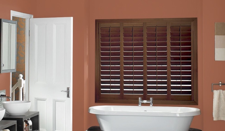 Plantation shutters in a bathroom