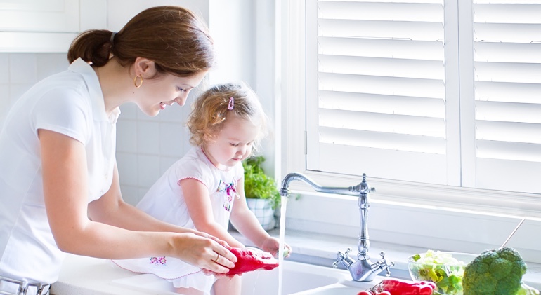 Child-friendly plantation shutters in Dallas kitchen.