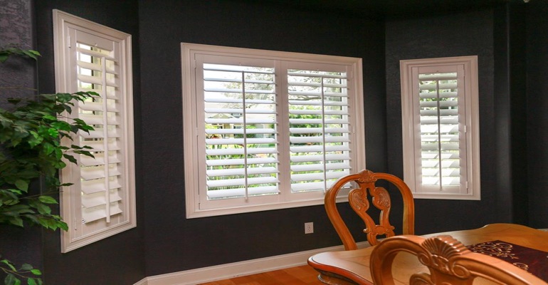 Crisp Polywood Plantation Shutters In Dining Room With Dark Paint Crisp Polywood Plantation Shutters In Dining Room With Dark Paint