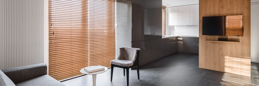 Wood blinds on a large window