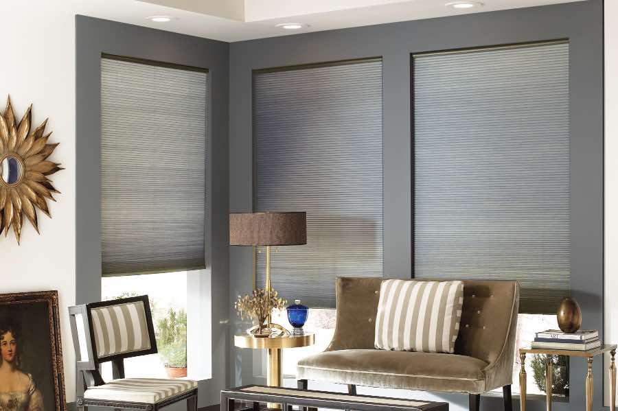 Cellular shades come with many custom options to ensure they look how you like. Gray cellular shades on living room windows
